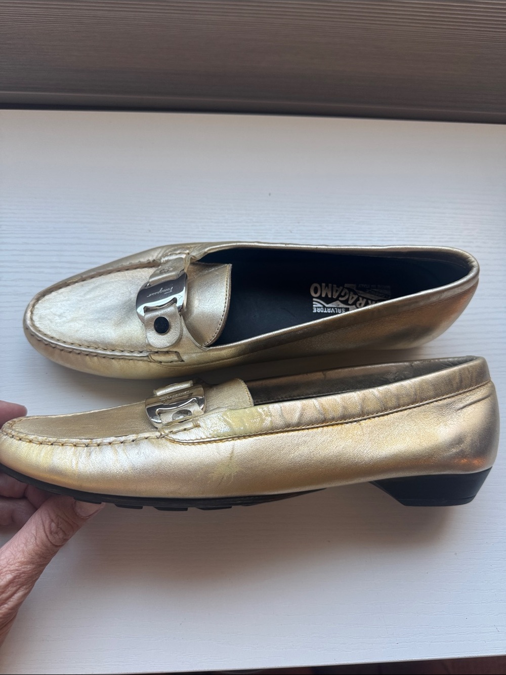 Salvatore Ferragamo Metallic Gold Leather Loafers with Signature Gancini - Picture 9 of 10